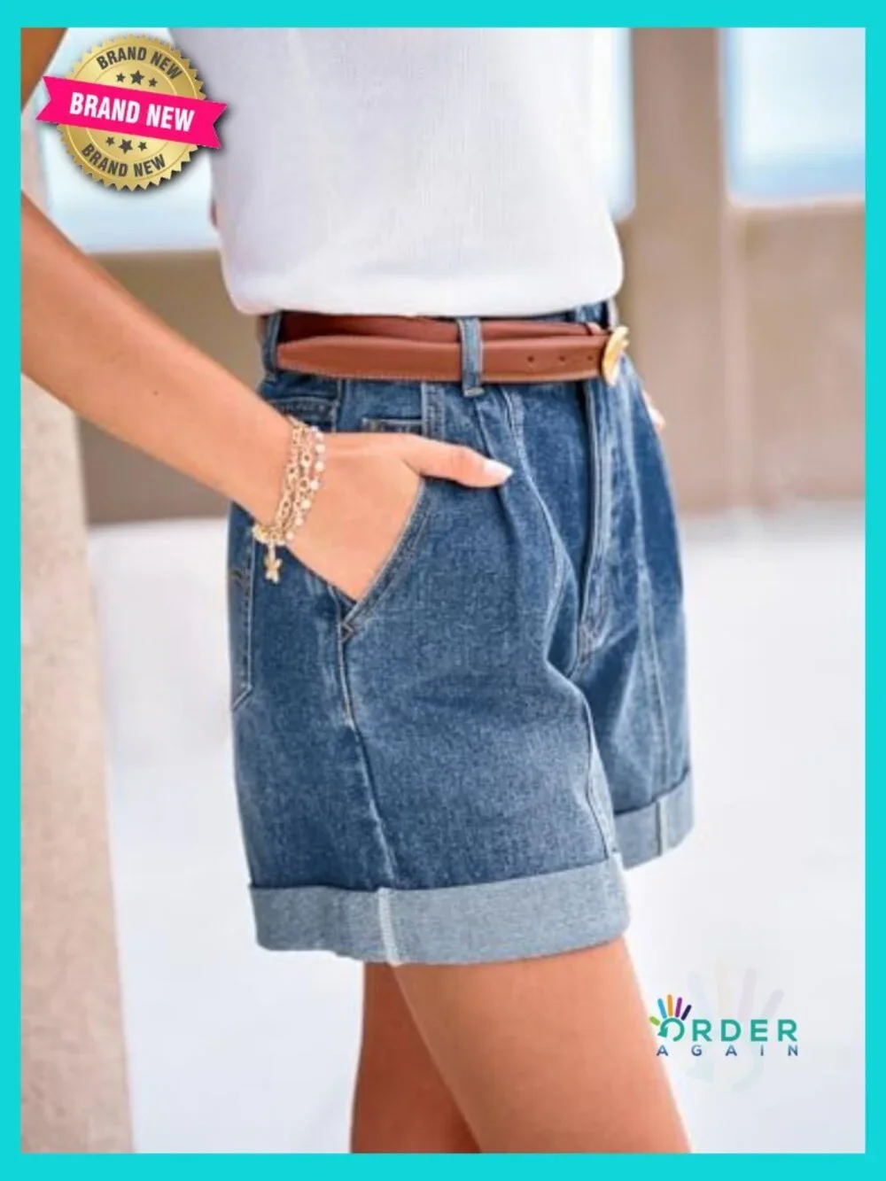 High Waist Rolled Hem Jean Shorts Retro Casual Cuffed Denim Summer Straight Fit